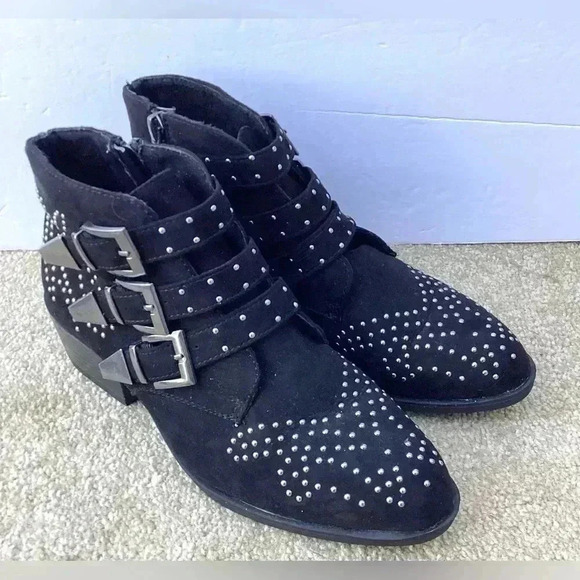 London Rag Women’s Boots Black Metal Studded Buckled Leather Ankle Boots Sz 7 M - Picture 1 of 8
